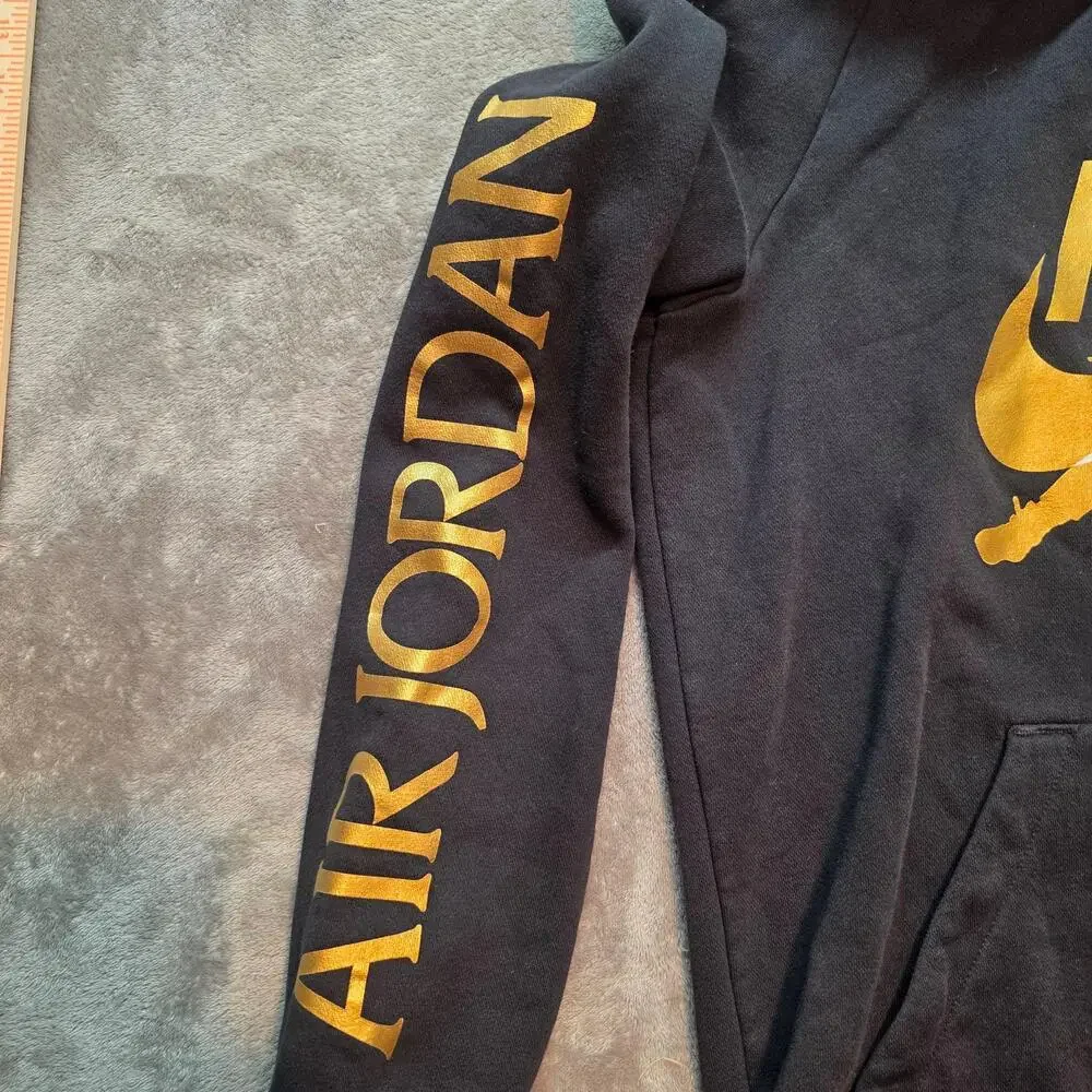 Air Jordan Hoodie Mens L Black Nike Air Jumpman Gold Logo Sleeve Print Fleece